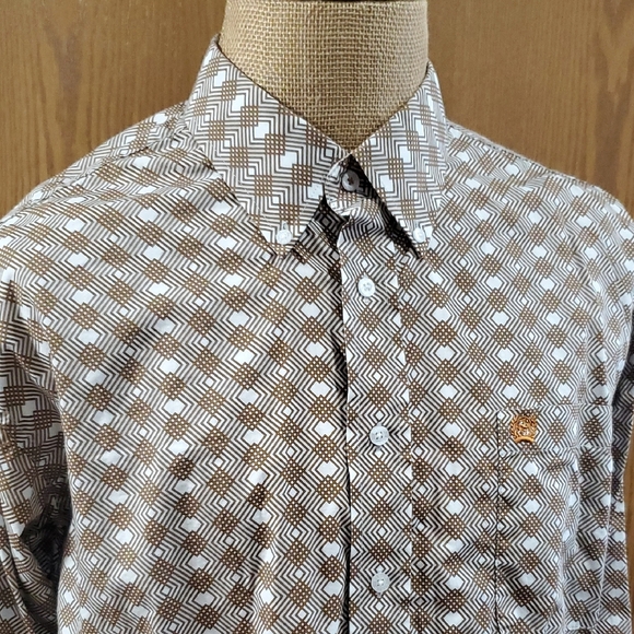 Cinch Casual Button Down Shirt in Brown and White with Modern Pattern - Picture 1 of 6